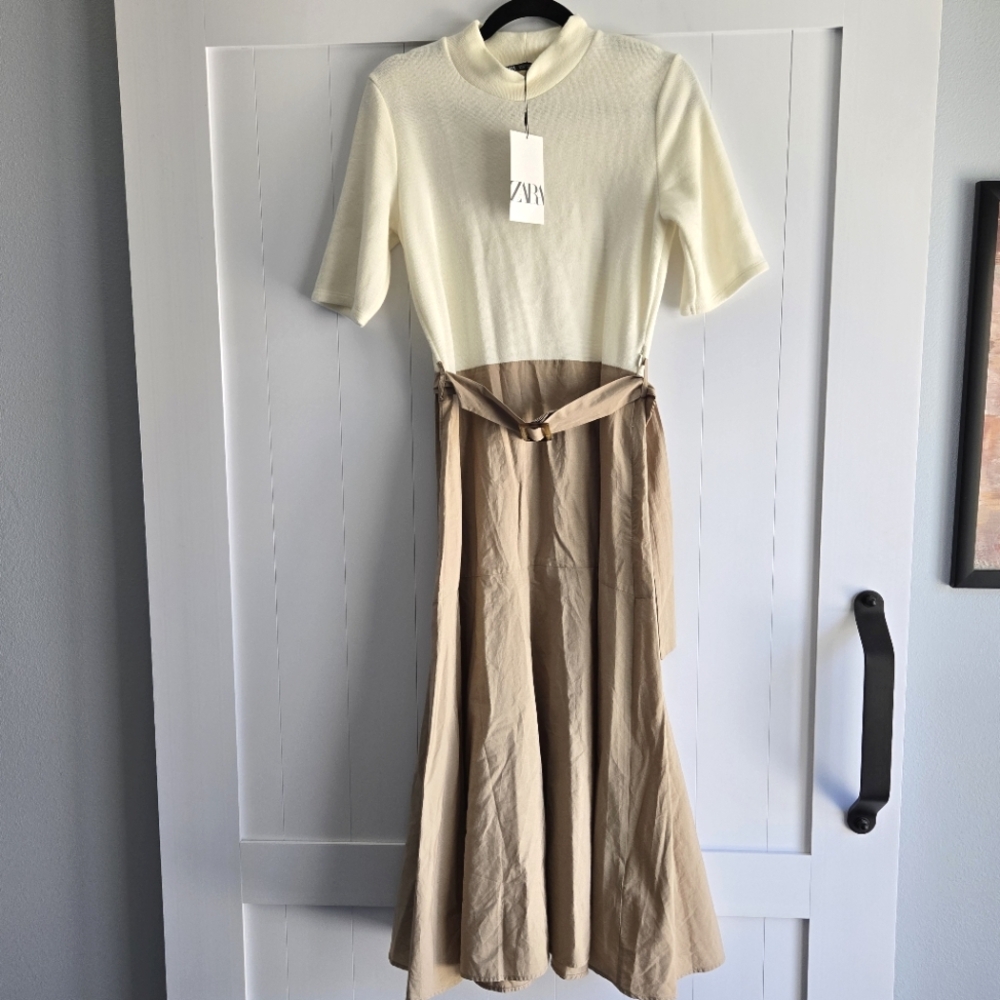 NWT Zara Cream and Tan Women's Dress Size Large